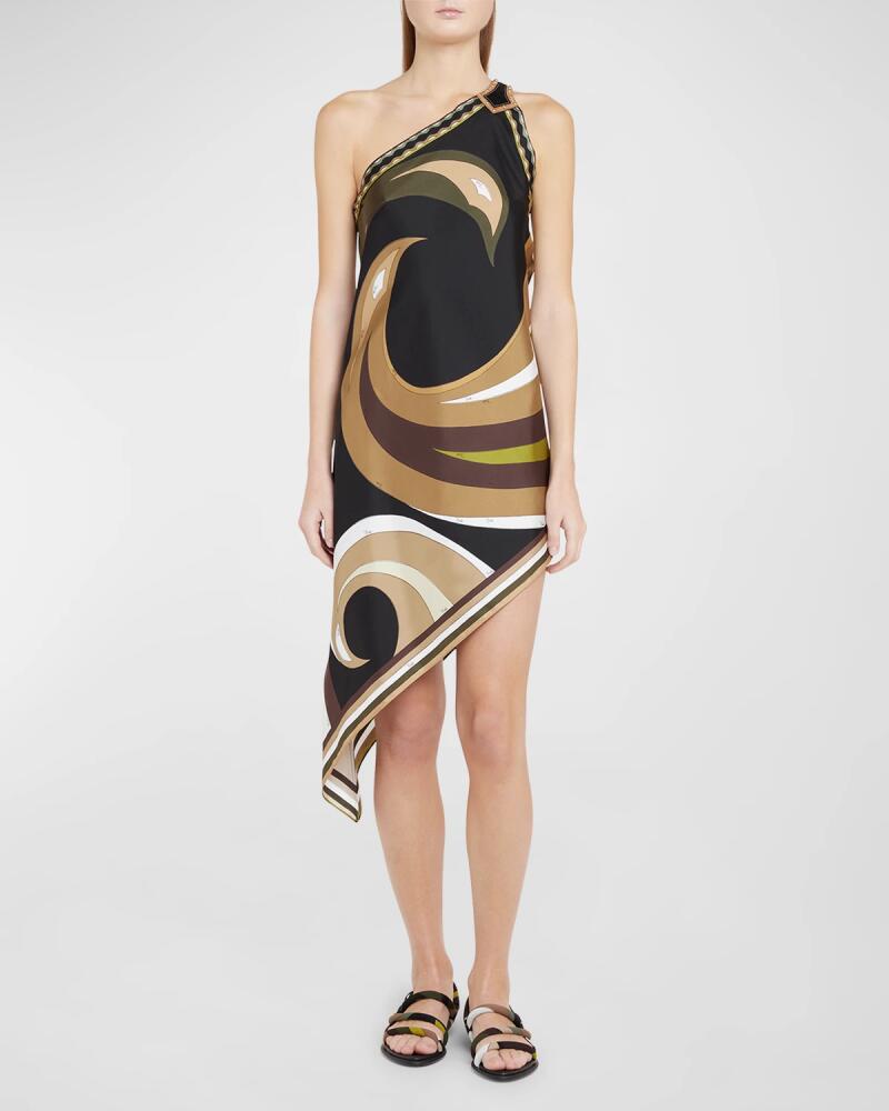 Emilio Pucci Swirl-Print One-Shoulder Buckle High-Low Scarf Dress Cover