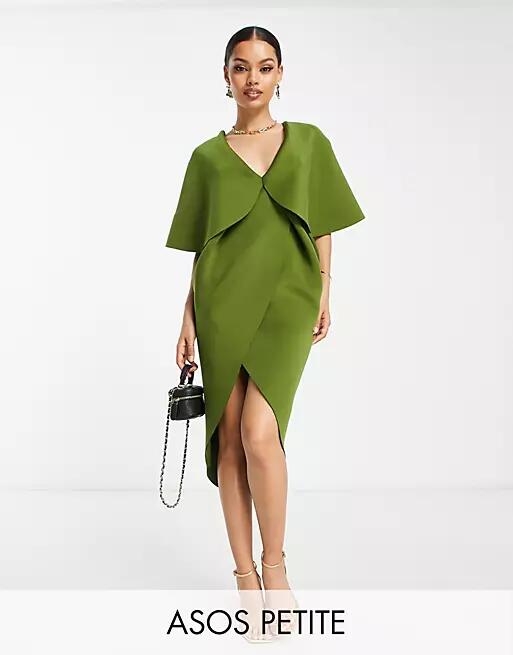 ASOS DESIGN Petite cape detail pleated wrap midi dress in olive-Green Cover