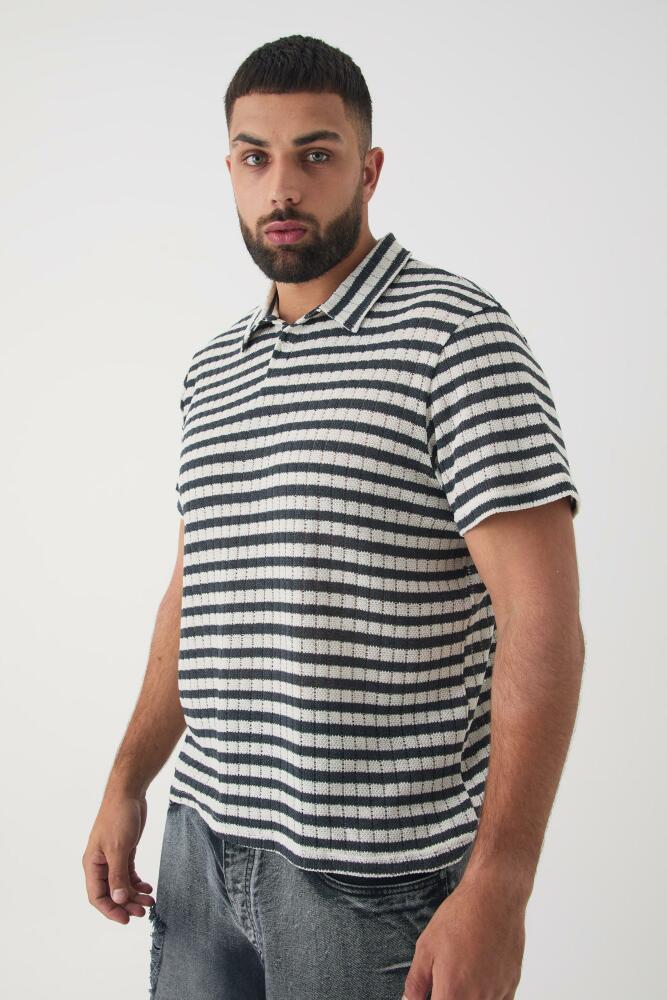 boohoo Mens Plus Textured Stripe Polo - Grey Cover