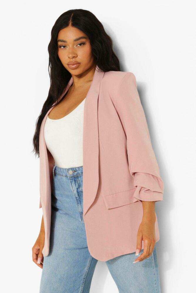 boohoo Womens Plus Stretch Woven Ruched Sleeve Blazer - Pink Cover