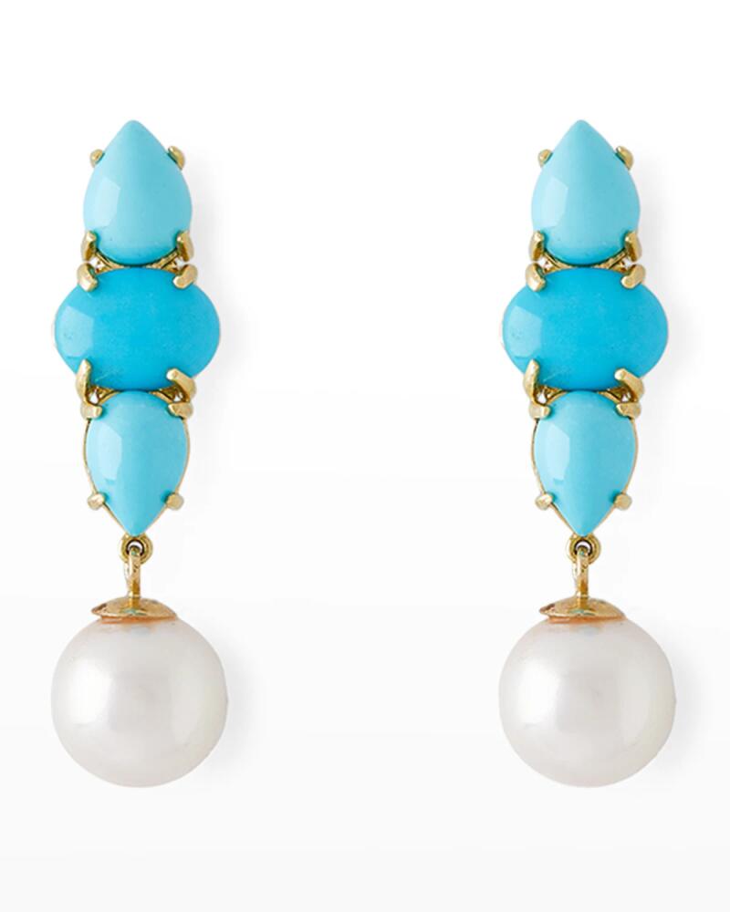 Pearls By Shari 18K Yellow Gold Oval and Pear-Cut Turquoise with 8.5mm Akoya Pearl Drop Earrings Cover