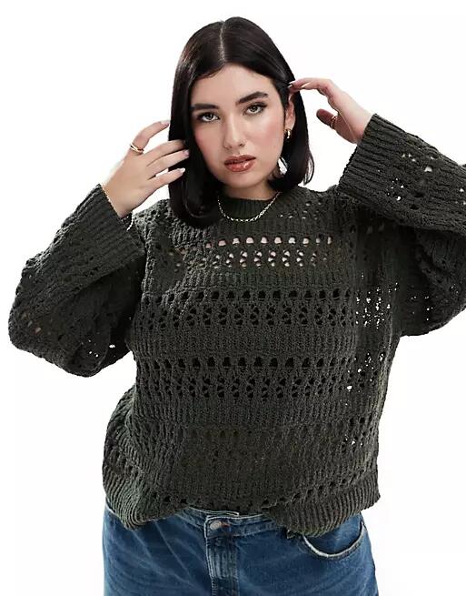 ASOS DESIGN Curve sweater with open stitch in textured yarn in khaki-Green Cover