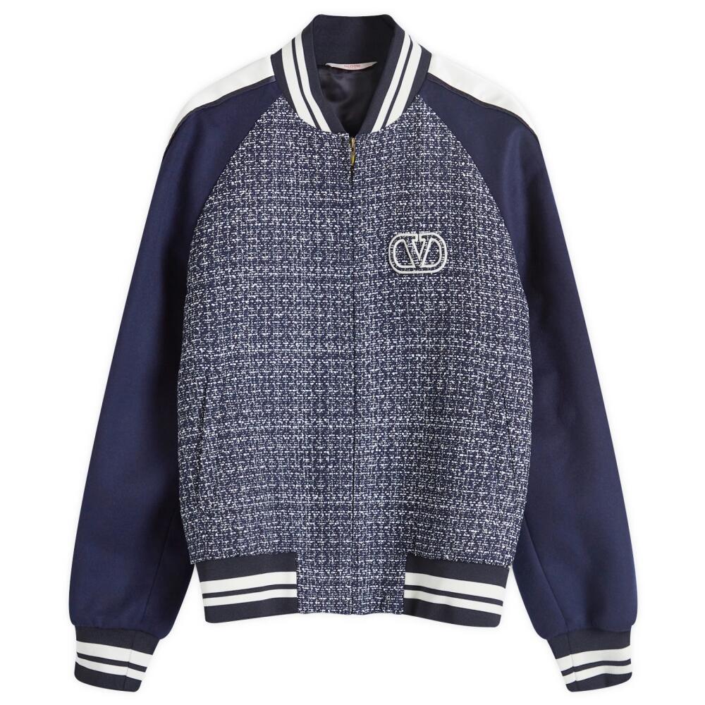 Valentino Men's Signature Wool Bomber Jacket in Blue/White/Navy Cover