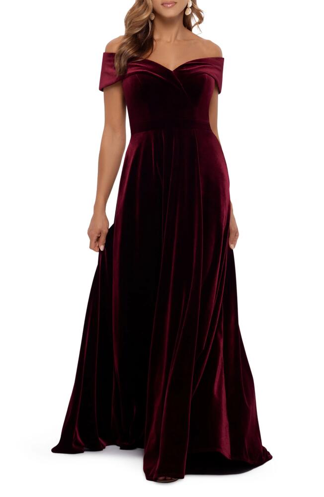 Xscape Evenings Off the Shoulder Velvet Gown in Burgundy Cover