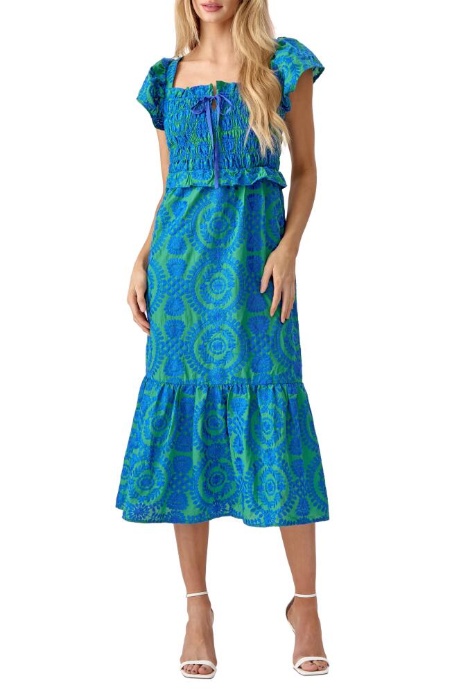 Adelyn Rae Selene Embroidered Smocked Cotton Midi Dress in Green/Blue Cover