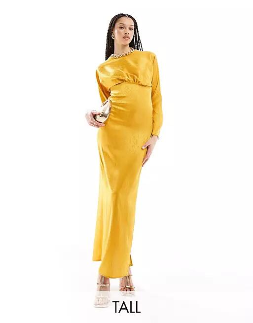 Flounce London Tall satin maxi dress with kimono sleeve in gold Cover