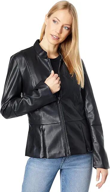 Avec Les Filles Faux Leather Peplum Jacket (Black) Women's Clothing Cover