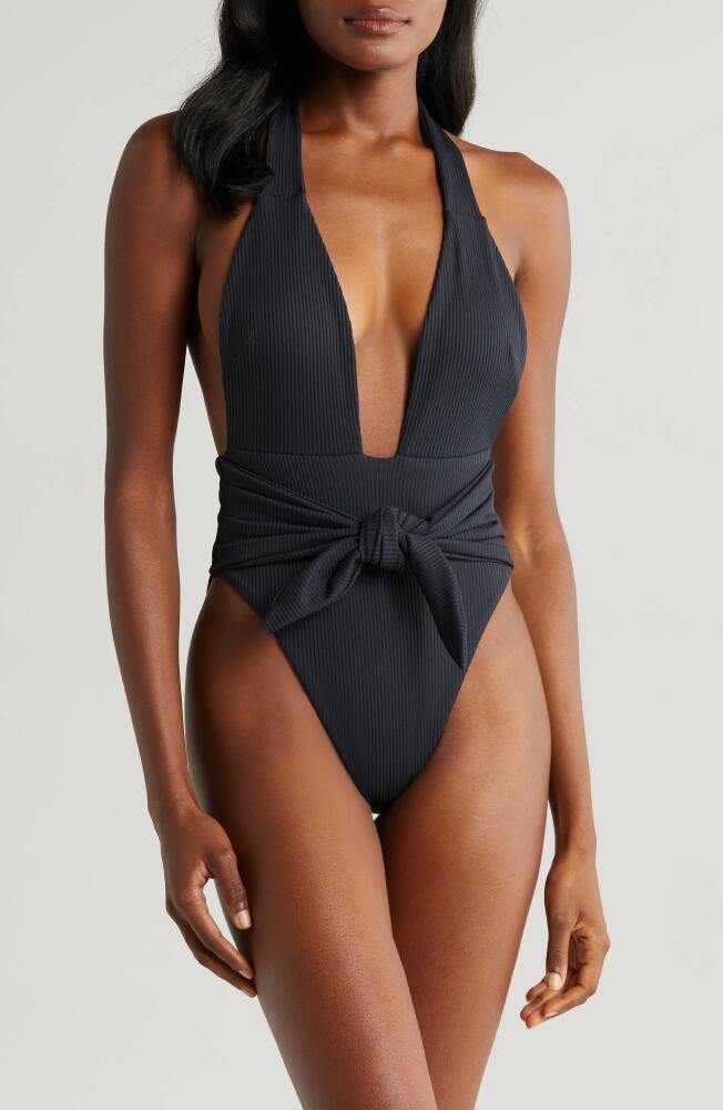 MONTCE Tropez Tie Waist Halter One-Piece Swimsuit in Black Rib Cover