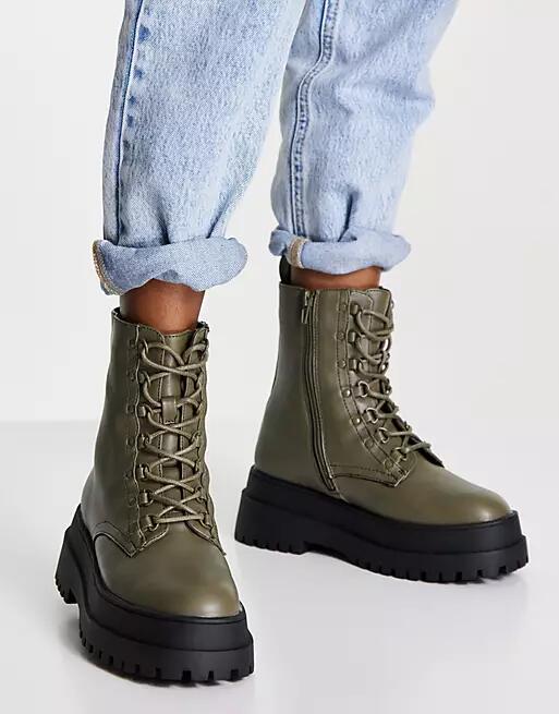 London Rebel super chunky lace up ankle boots in khaki-Green Cover