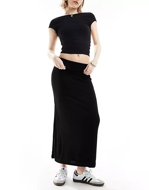 Stradivarius STR fold over waist midi skirt with side slit in black Cover