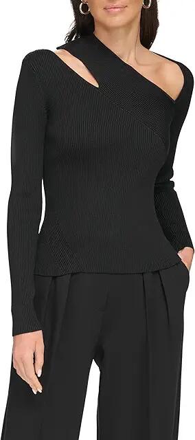 DKNY Long Sleeve Ribbed Cutout Sweater (Black) Women's Clothing Cover