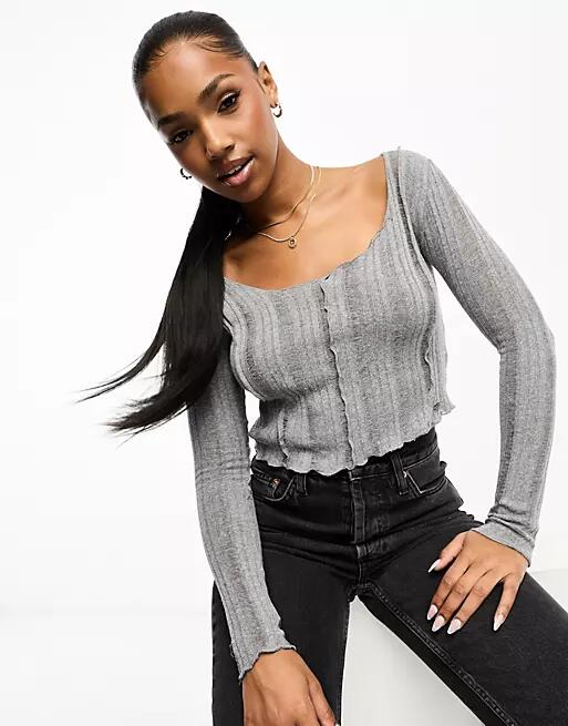 Pull & Bear ladder detail long sleeve ribbed top in charcoal gray Cover