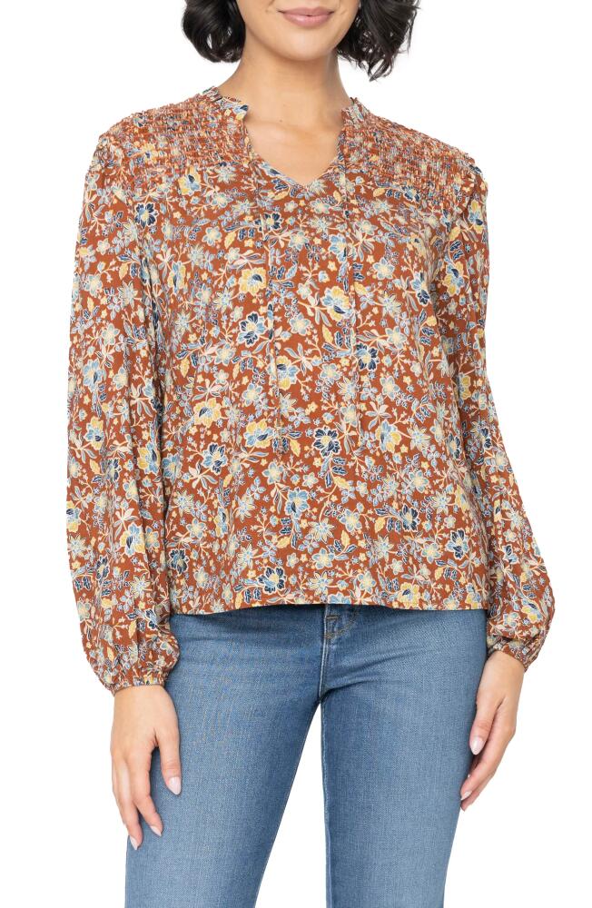 GIBSONLOOK Tie Neck Long Sleeve Smoked Yoke Blouse in Saddle Brown Floral Cover