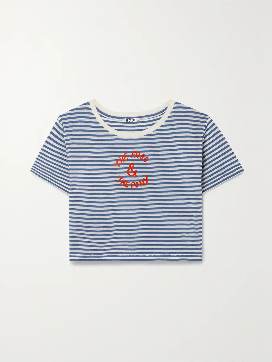 BODE - Frog And Pony Cropped Flocked Striped Cotton-blend T-shirt - Blue Cover