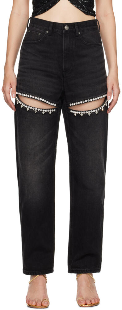 AREA Black Crystal Slit Jeans Cover