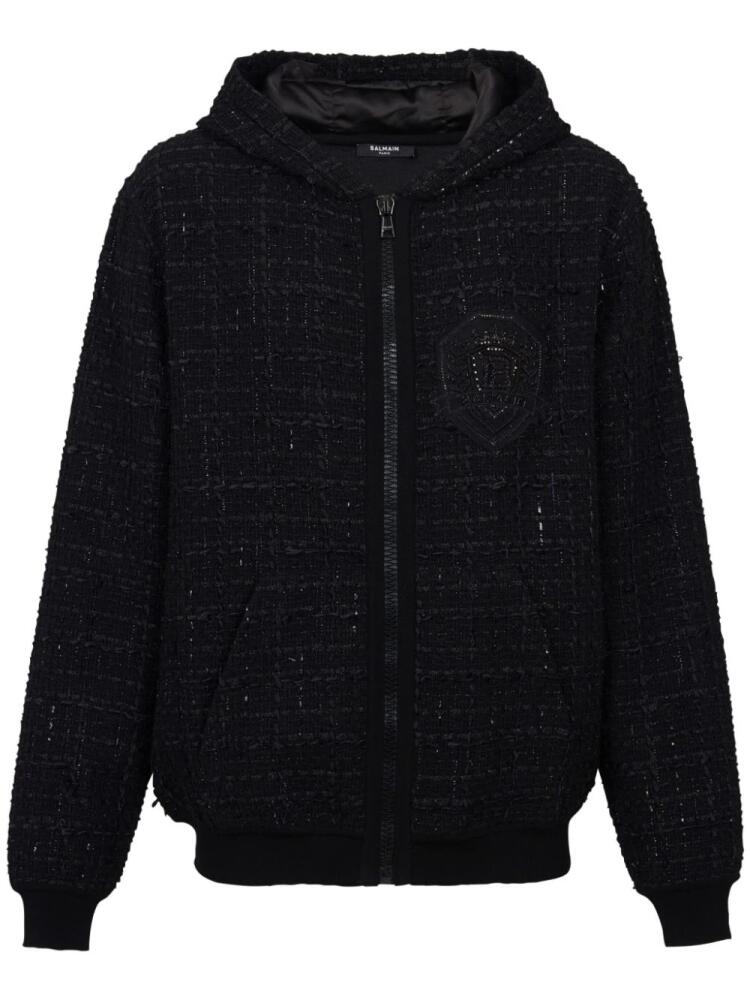 Balmain logo-patch tweed hooded jacket - Black Cover