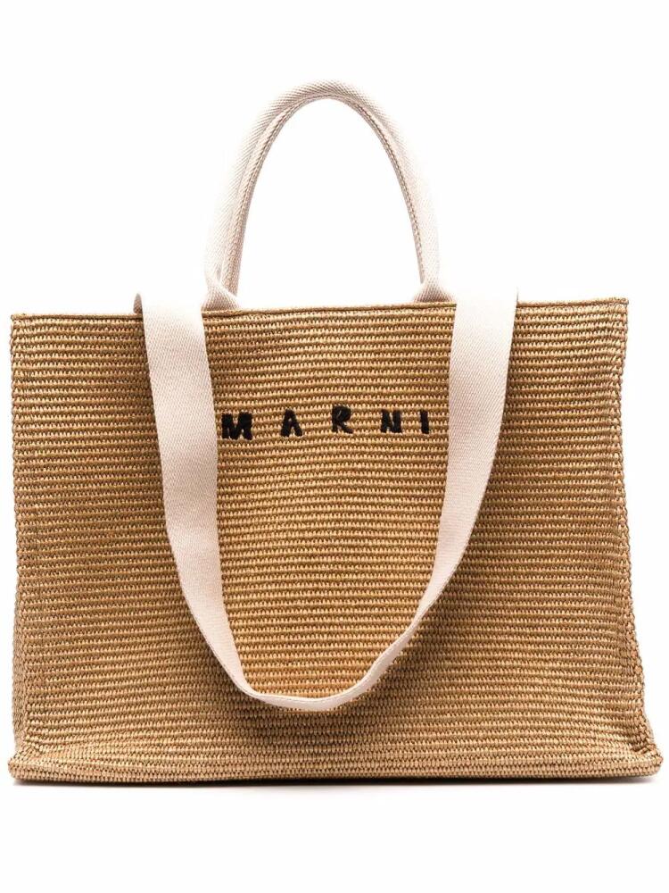 Marni logo-embroidered raffia tote bag - Brown Cover