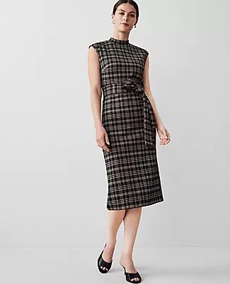 Ann Taylor Petite Plaid Knit Mock Neck Belted Midi Dress Cover