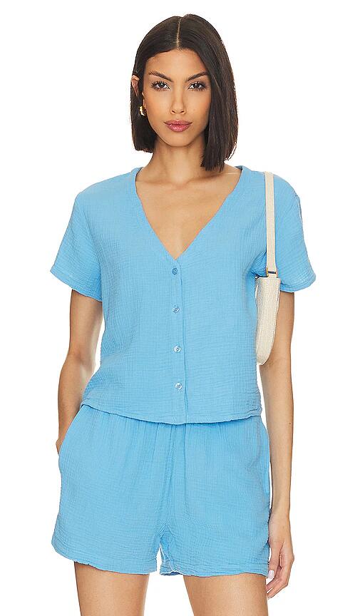 MONROW Gauze Button Down Top in Blue Cover