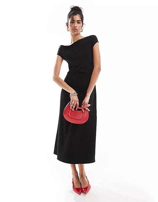 & Other Stories jersey midaxi dress with drape detail and asymmetric twist shoulder detail in black Cover