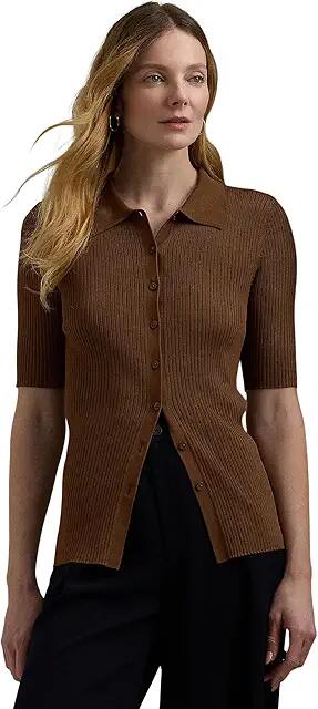 Lauren Ralph Lauren Rib-Knit Elbow-Sleeve Polo Cardigan (Dark Terracotta) Women's Sweater Cover