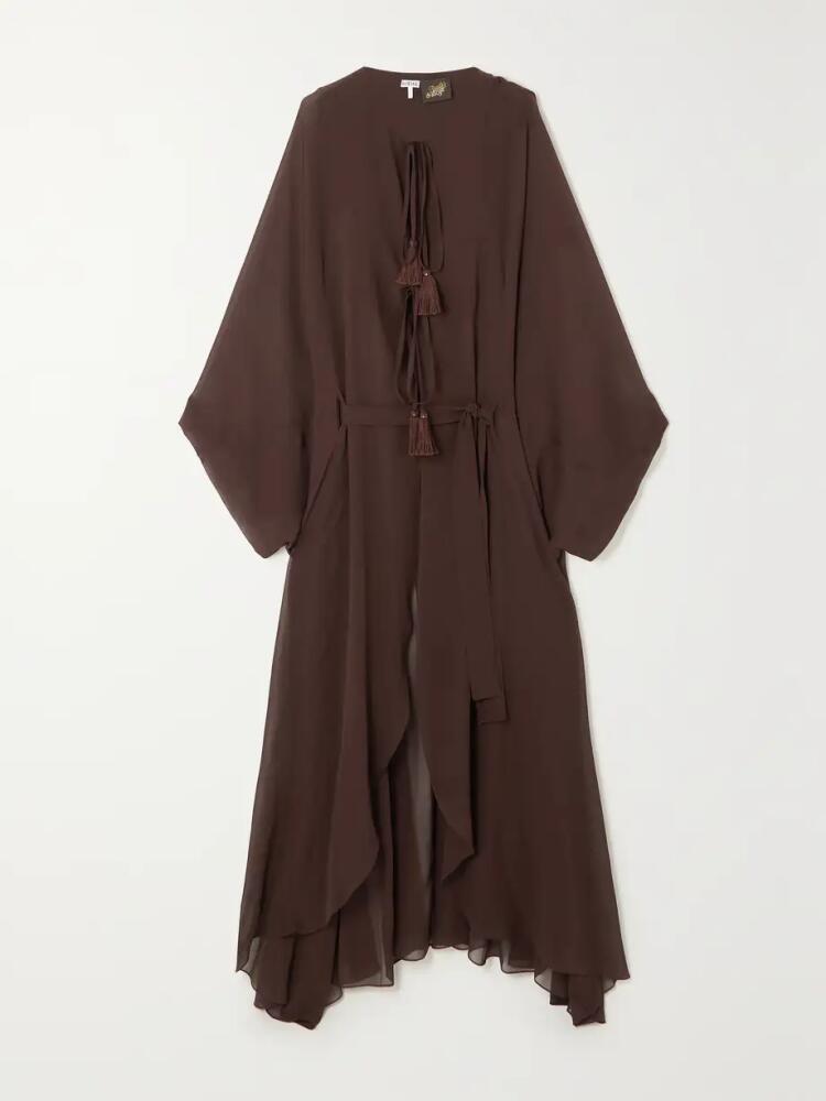 Loewe - + Paula's Ibiza Belted Tasseled Silk-georgette Maxi Dress - Brown Cover