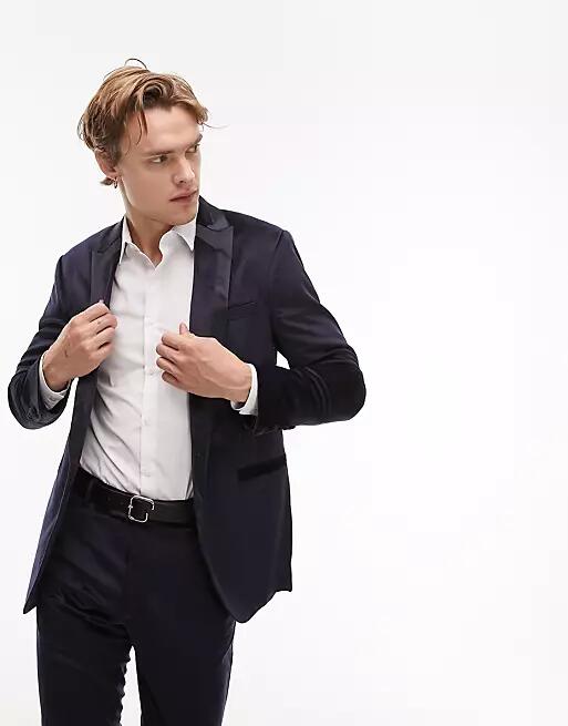 Topman skinny single breasted velvet blazer with tipping in navy Cover