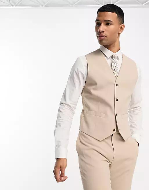 ASOS DESIGN slim suit vest in taupe micro texture-Brown Cover