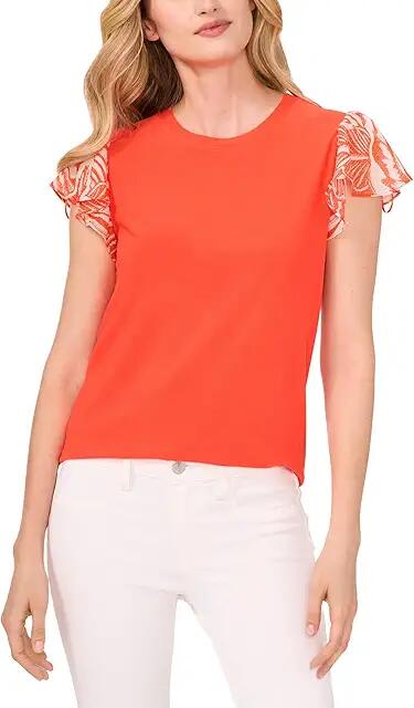 CeCe Mix Media Flutter Sleeve Knit Top (Tigerlily) Women's Clothing Cover