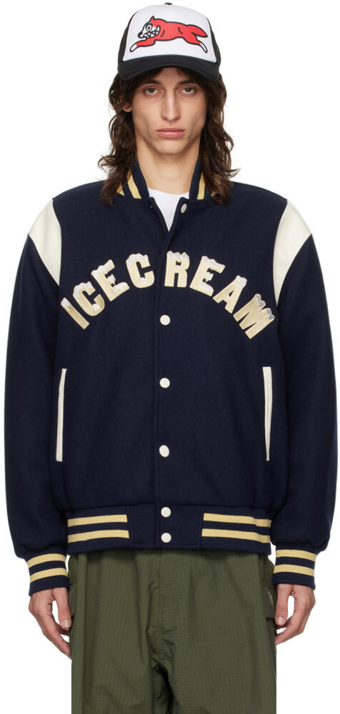 ICECREAM Navy Drippy Varsity Bomber Jacket Cover