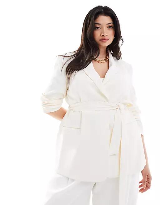 ASOS DESIGN Curve tailored belted blazer in cream-White Cover