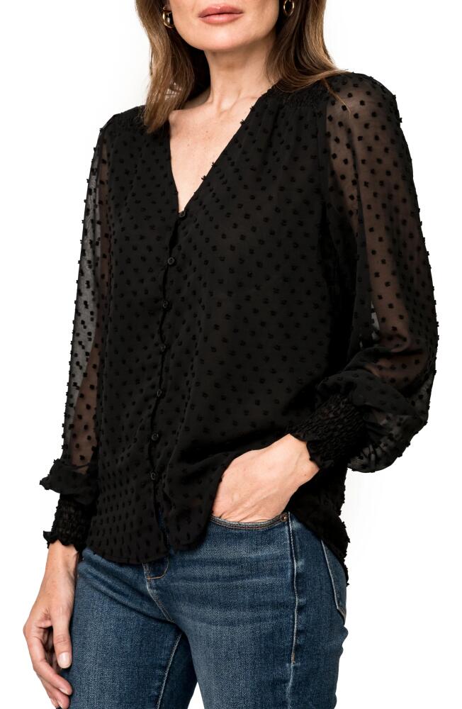 GIBSONLOOK Pin Dot Smocked Detail V-Neck Blouse in Black Cover