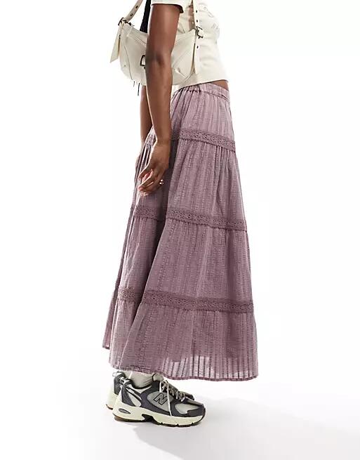 Miss Selfridge washed lace insert prairie maxi skirt in washed lilac-Purple Cover