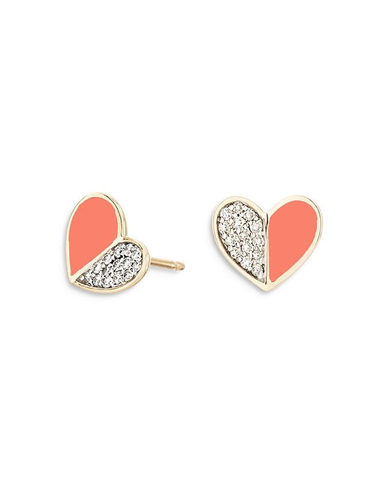 Adina Reyter 14K Yellow Gold Diamond & Coral Ceramic Heart Stud Earrings Cover