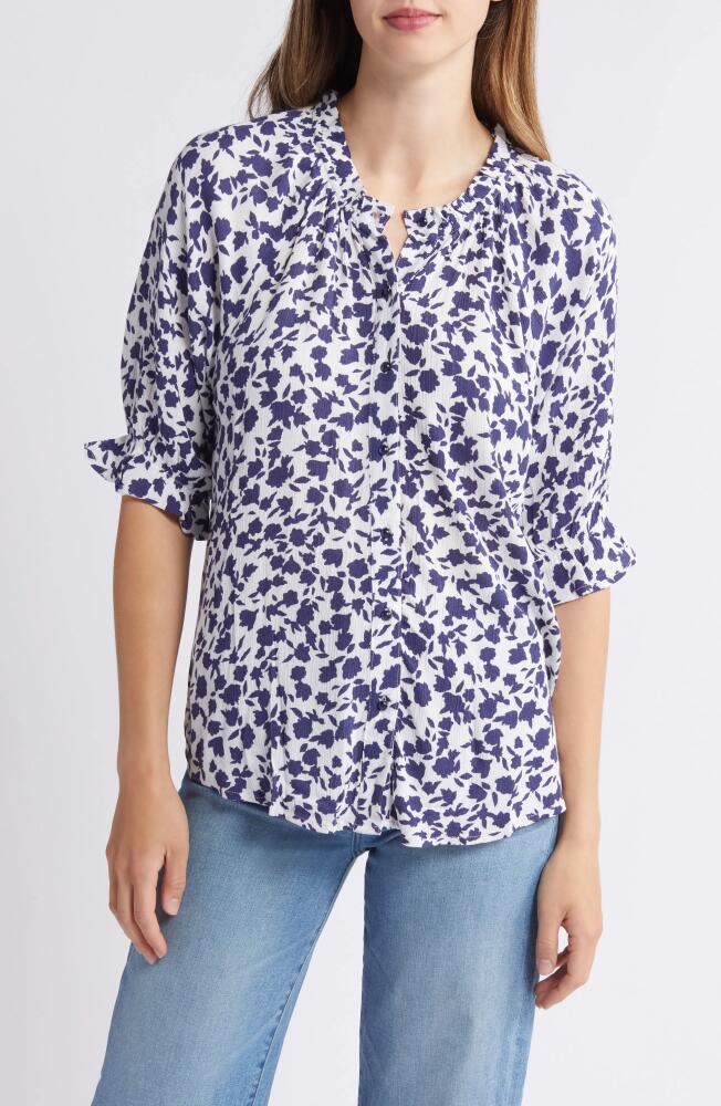 Bobeau Print Ruffle Blouse in Ivory/Navy Cover