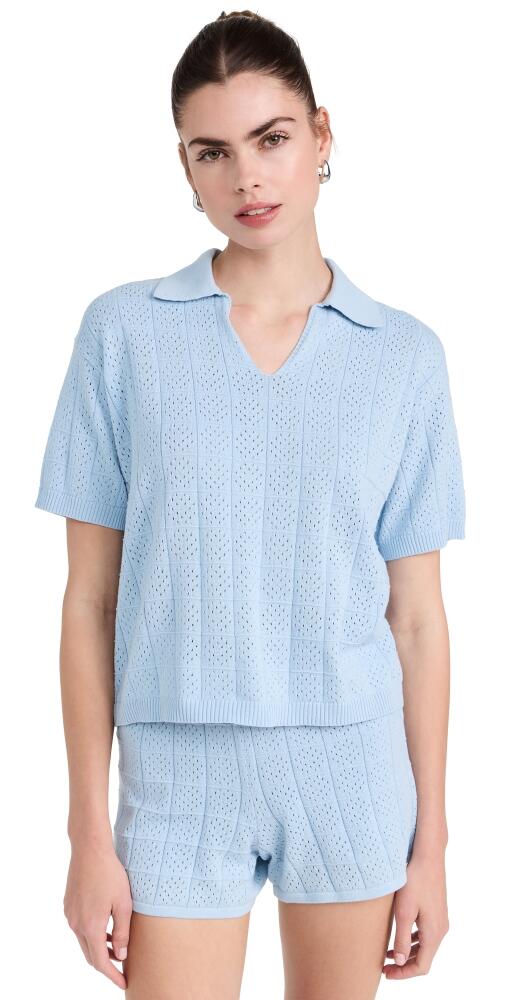 MONROW Crochet Knit Oversized Polo Tee Soft Blue Cover