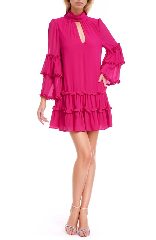 Jewel Badgley Mischka Tiered Ruffle Long Sleeve Keyhole Cutout Trapeze Dress in Pink Cover