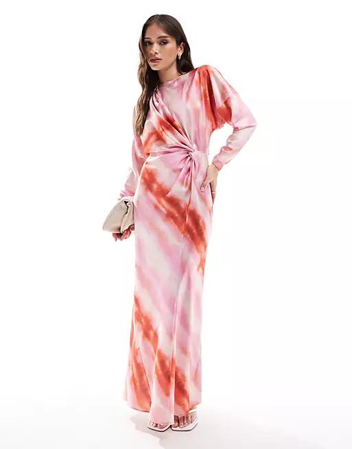 ASOS DESIGN twist front batwing sleeve satin maxi dress in blurred print-Multi Cover