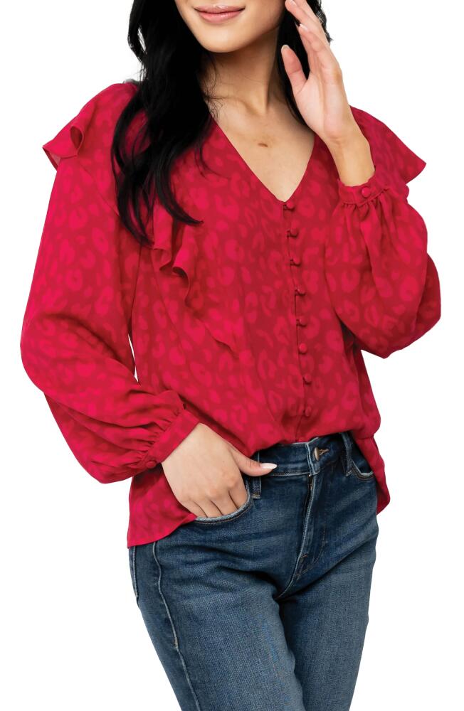 GIBSONLOOK Animal Spot Ruffled Blouse in Berry Cheetah Cover