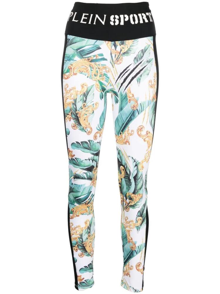 Plein Sport logo-waistband graphic-print leggings - White Cover