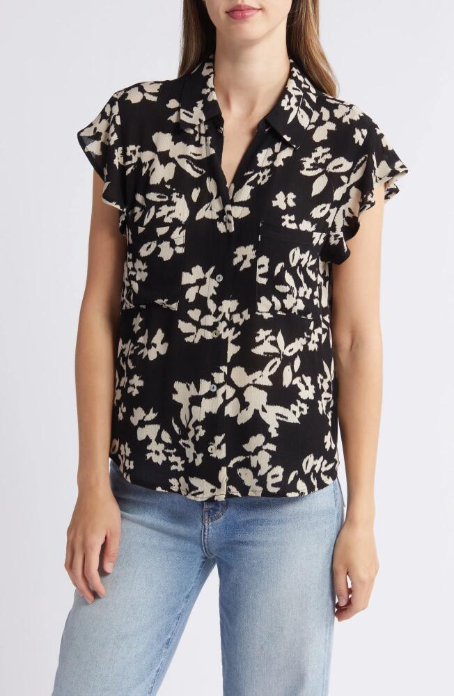 Bobeau Ikat Floral Short Sleeve Button-Up Shirt in Black/Beige Cover