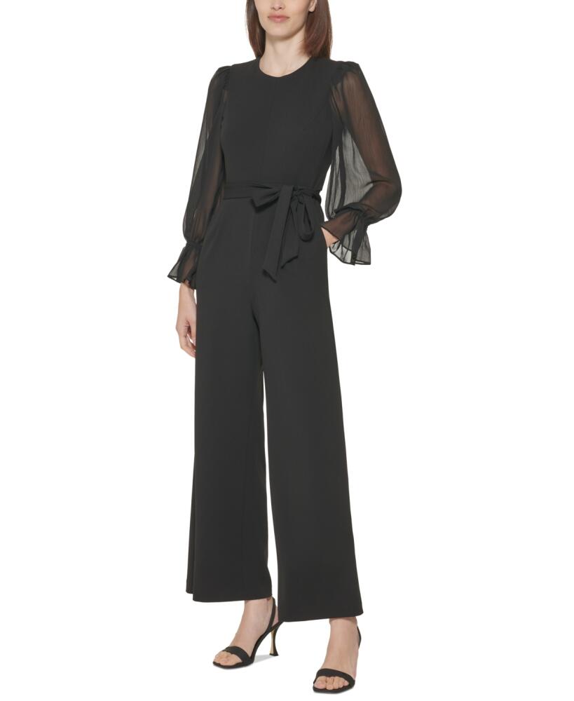 Calvin Klein Crewneck Chiffon Flare-Leg Jumpsuit - Black/Black Cover