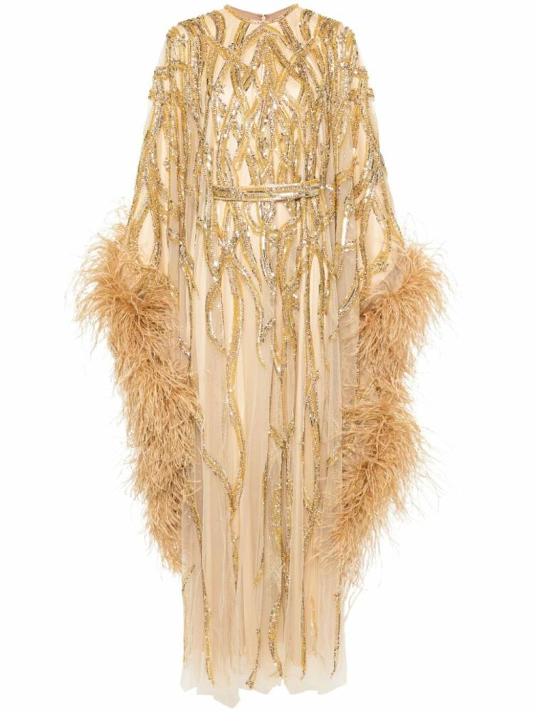 Dina Melwani feather-trim beaded gown - Gold Cover