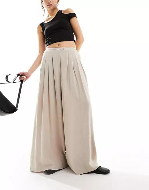 ASOS DESIGN pleated palazzo wide leg linen blend pants in natural-Neutral Cover