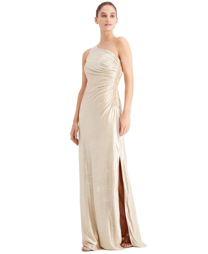 Calvin Klein One-Shoulder Metallic Gown - Gold Cover