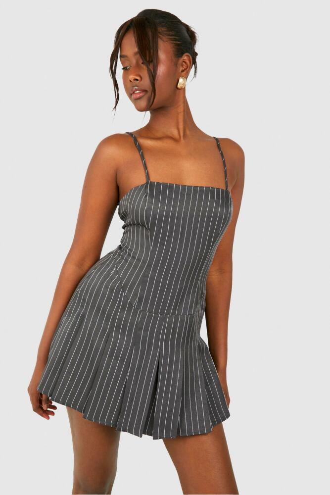 boohoo Womens Pinstripe Box Pleat Romper - Grey Cover