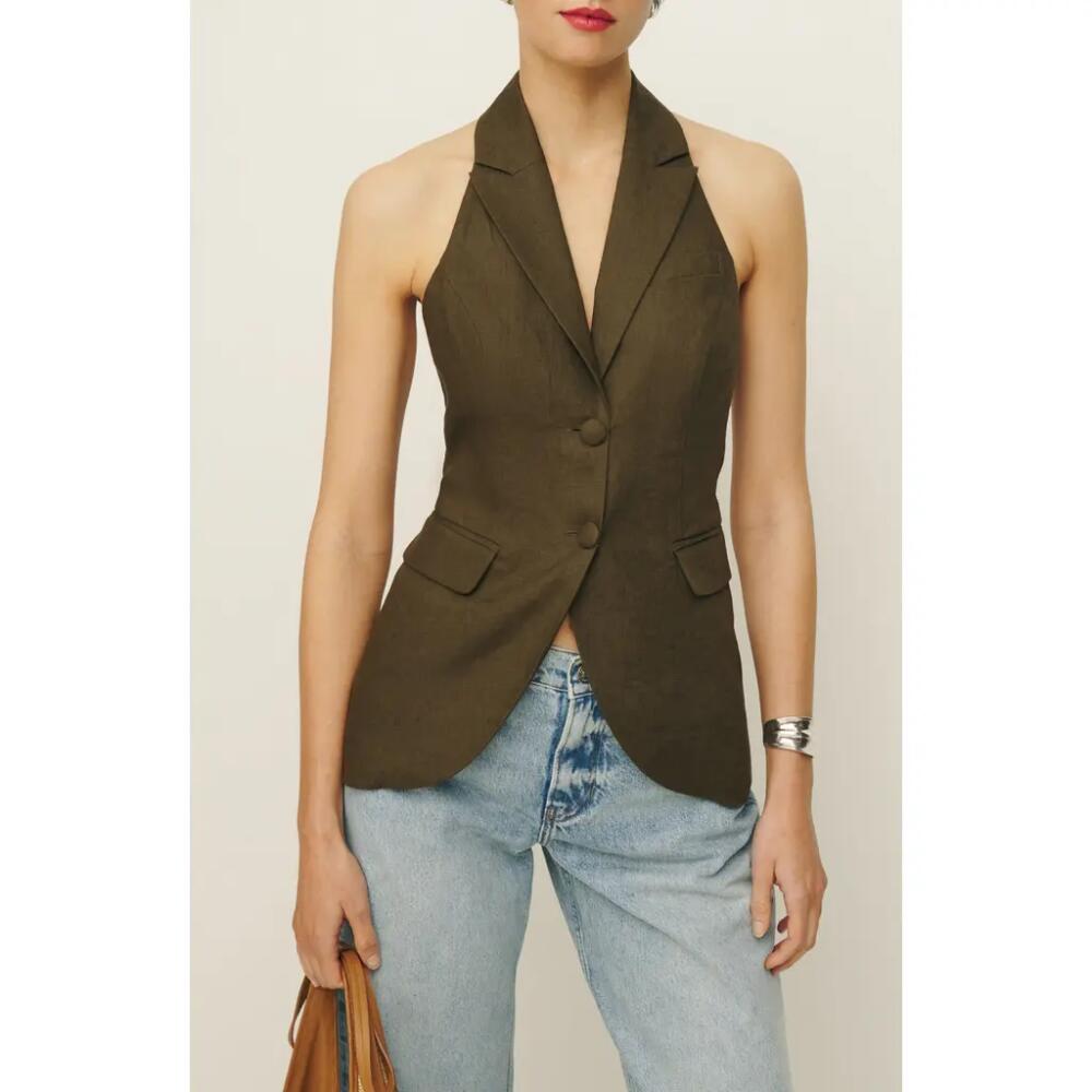 Reformation Brennan Halter Linen Vest in Dark Olive Cover