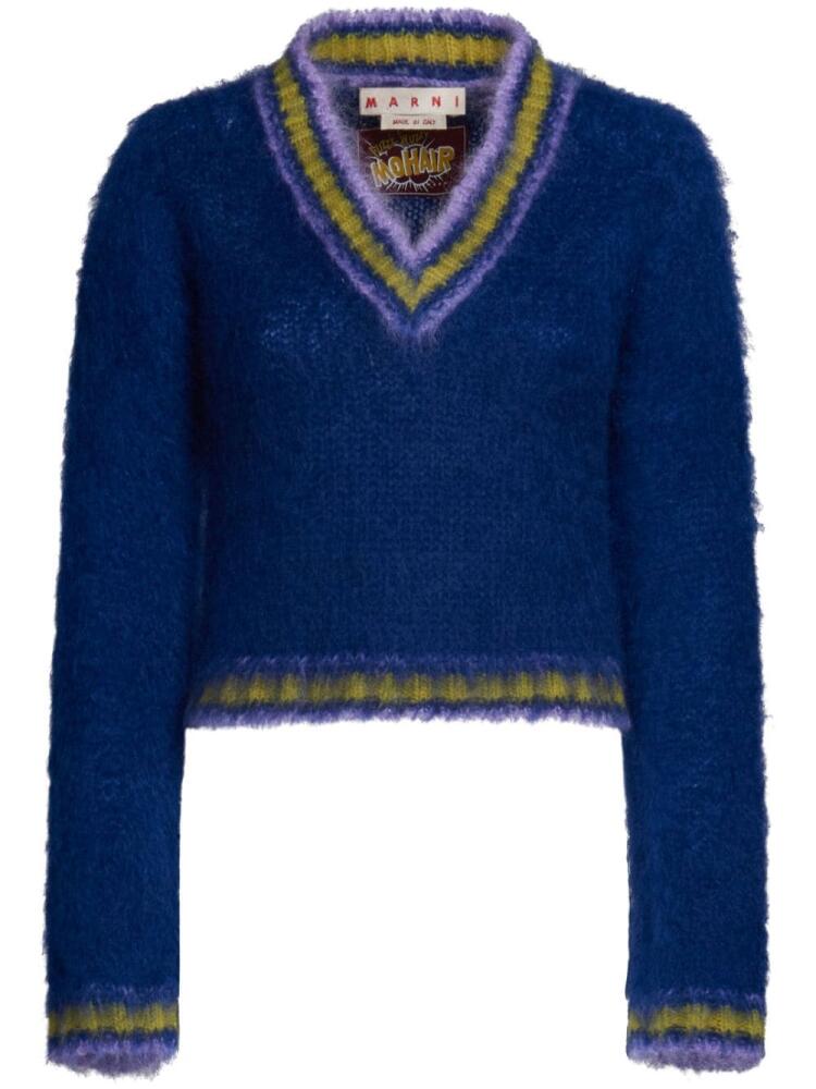 Marni striped-trim mohair-blend jumper - Blue Cover