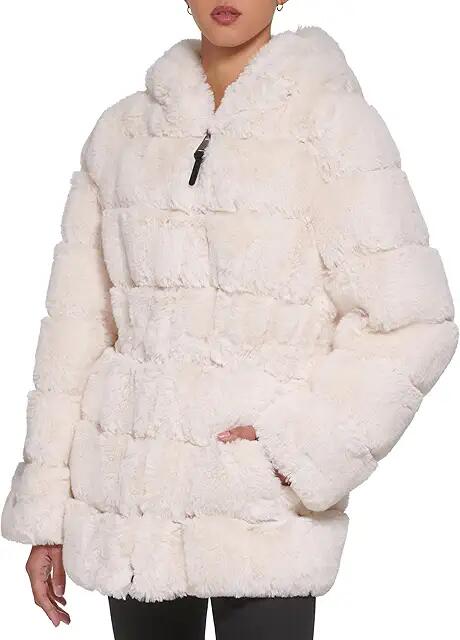 DKNY Zip Front Faux Fur Jacket (Sea Salt) Women's Clothing Cover