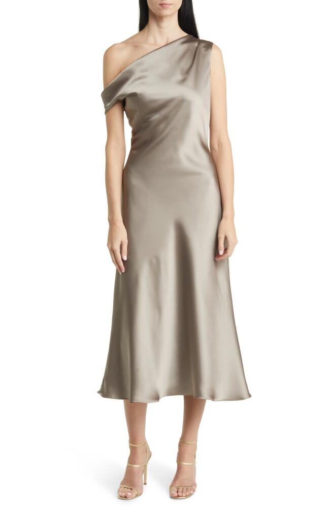 Amsale One-Shoulder Satin Midi Dress in Mocha Cover